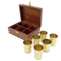 Set of 6 brass glasses in wooden box - SE02
