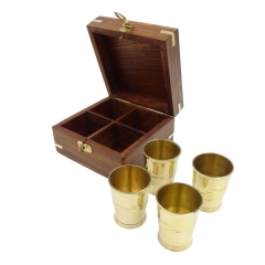 Set of 4 metal brass glasses in wooden box - SE03
