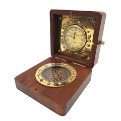 Mosiężny kompas i zegar w pudełku drewnianym - CL023C
