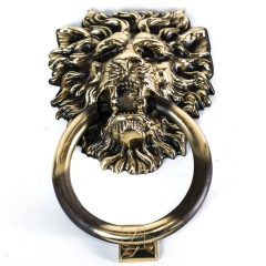Door knocker LION lush mane, handle, Brass