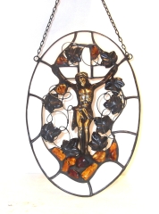 Oval Stained Glass Cross with Passion Flower Amber W5