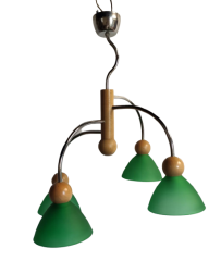 Lampa wisząca 4 płomienna drewno-chrom klosz zielony stożek E14