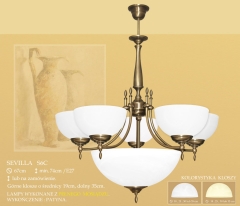 Lampa żyrandol 7 płom. odwrotny Sevilla klosz alabaster Ø 19cm boczne Ø 35cm środek biały krem S6C ICARO