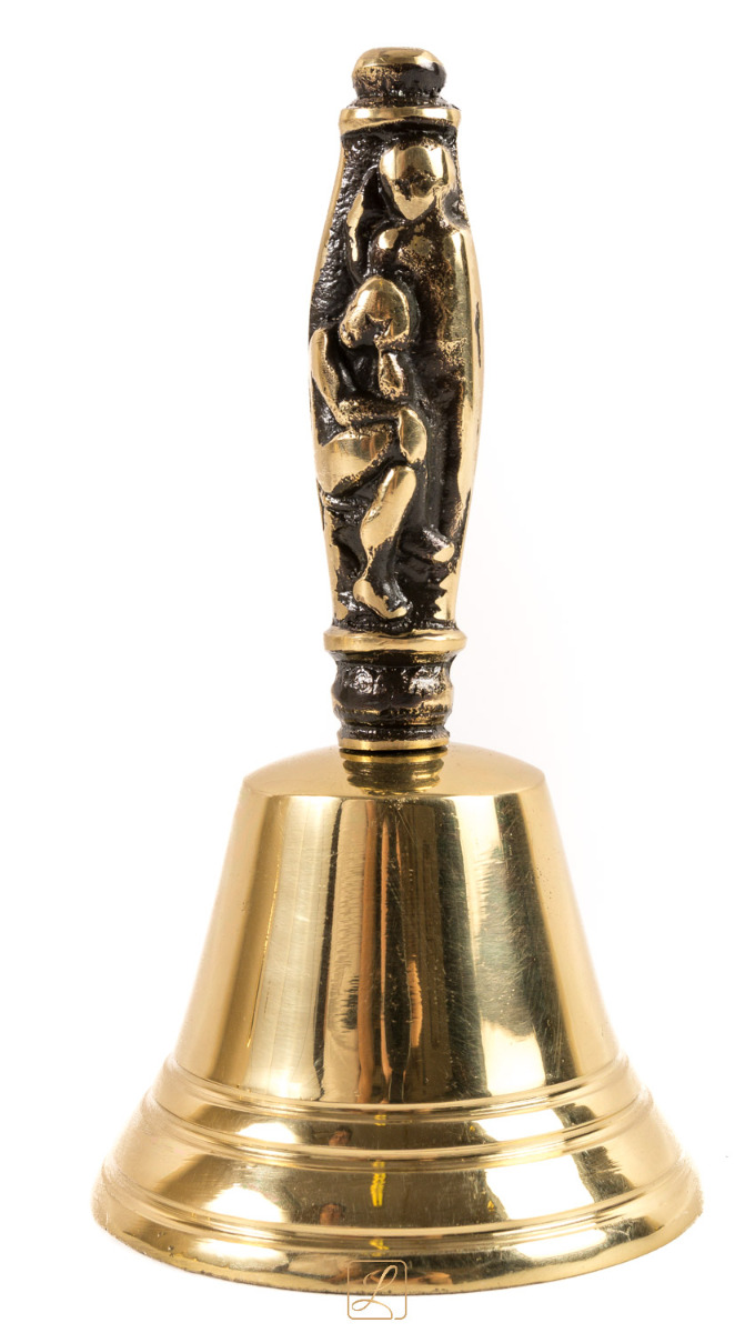 Dzwonek ŚREDNI Ø 8,50 cm zdobiony uchwyt Mosiądz. Mocny donośny dźwięk