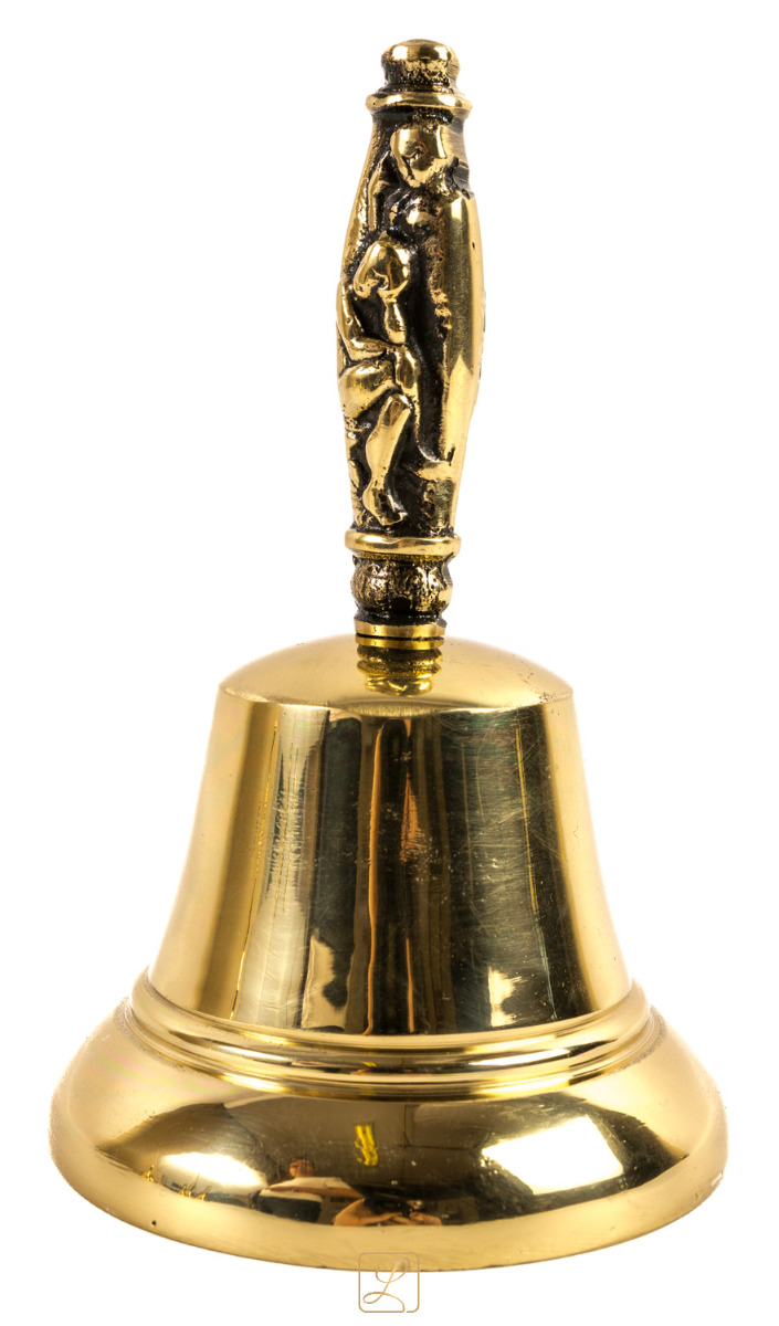 Dzwonek DUŻY Ø 11,50 cm zdobiony uchwyt Mosiądz. Mocny donośny dźwięk