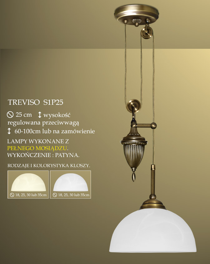Lampa żyrandol 1 płom. z przeciwwagą Treviso klosz alabaster Ø 25cm biały krem S1P ICARO